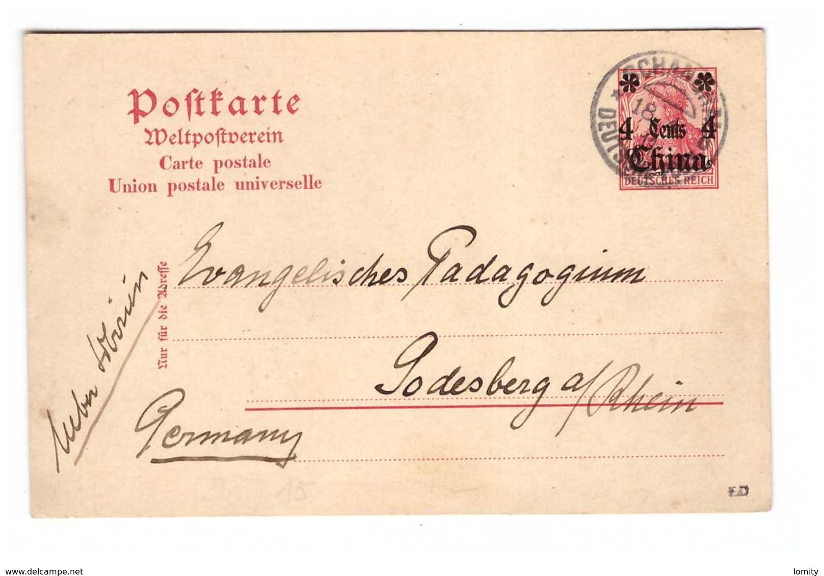 Chine China 1911 Entier Postal Ganzsachen Deutsches Reich Surcharge 4 Cents Cachet Schanghai , Shangai - Lettres & Documents