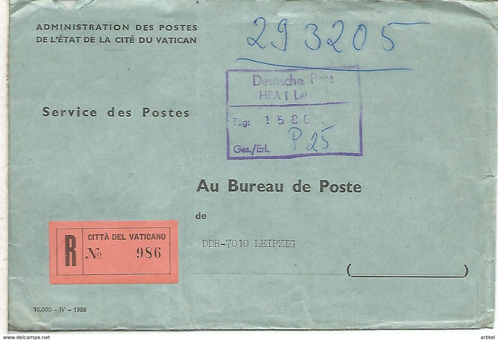 VATICANO CC SERVICE DES POSTES REGISTERED TO LEIPZIG - Cartas & Documentos