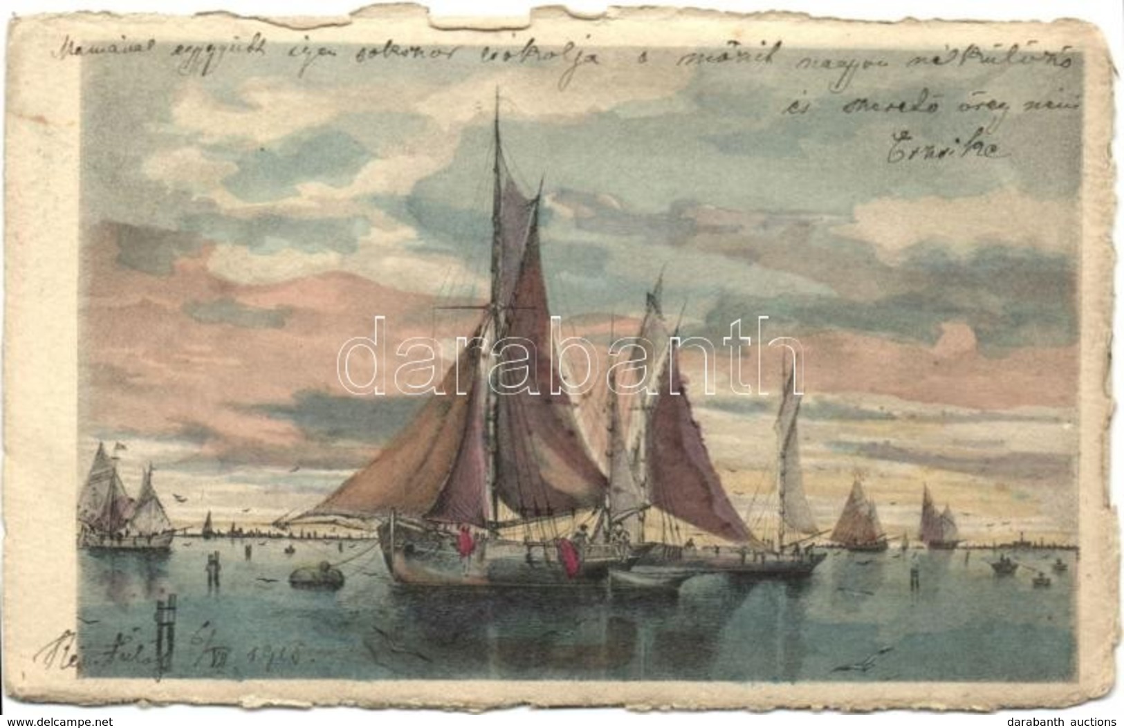 T2/T3 Sailboats, Hand-painted Postcard, Aquarell - Zonder Classificatie