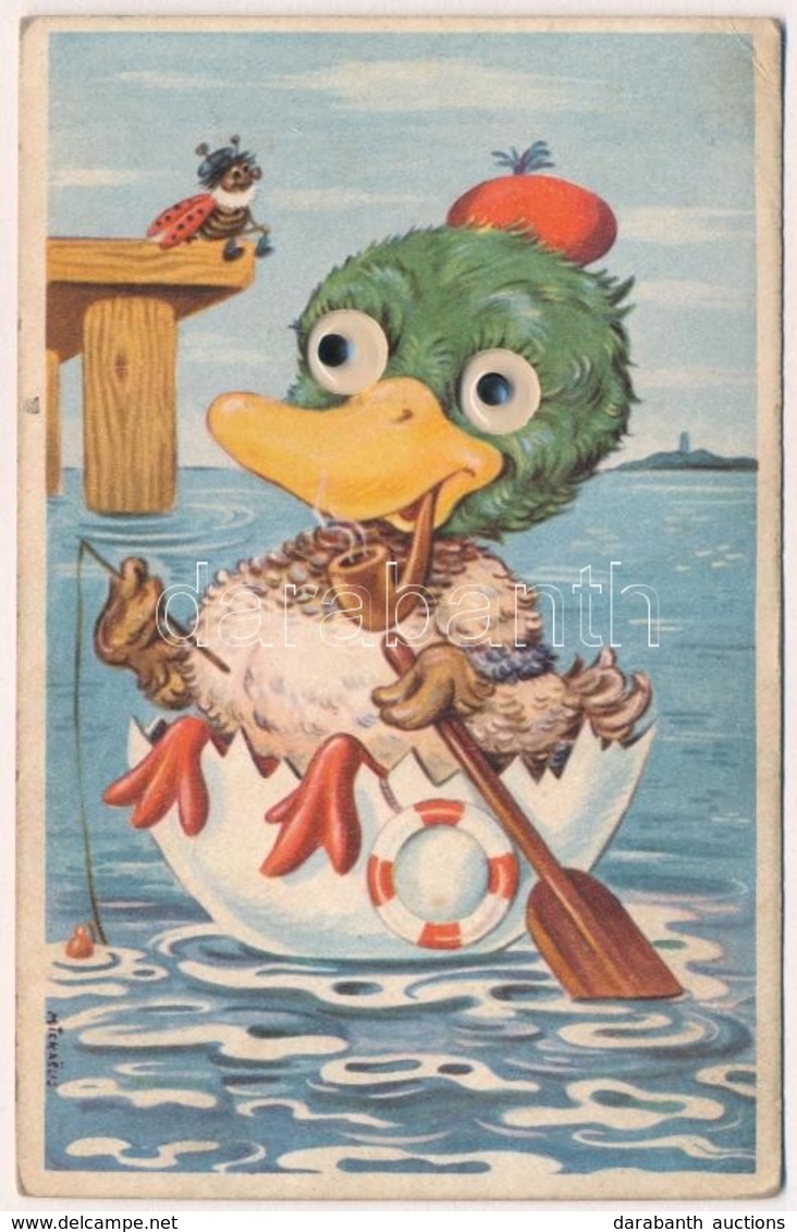 T2/T3 Fishing Duck, With Plastic Eyes, Danish Art Postcard, Rudolf Olsen-Kunstforlag, S: Mickaelis (EK) - Unclassified