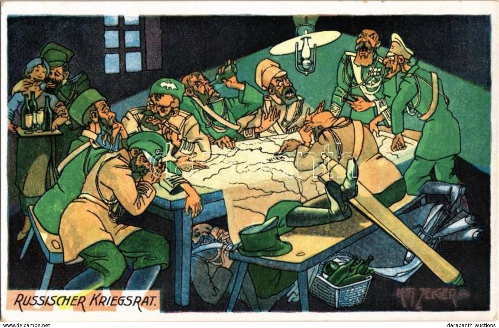 ** T2 Russischer Kriegsrat / 'Orosz Haditanács' Humoros Oroszellenes Karikatúra Részeg Tisztekkel / 'Russian War Council - Unclassified