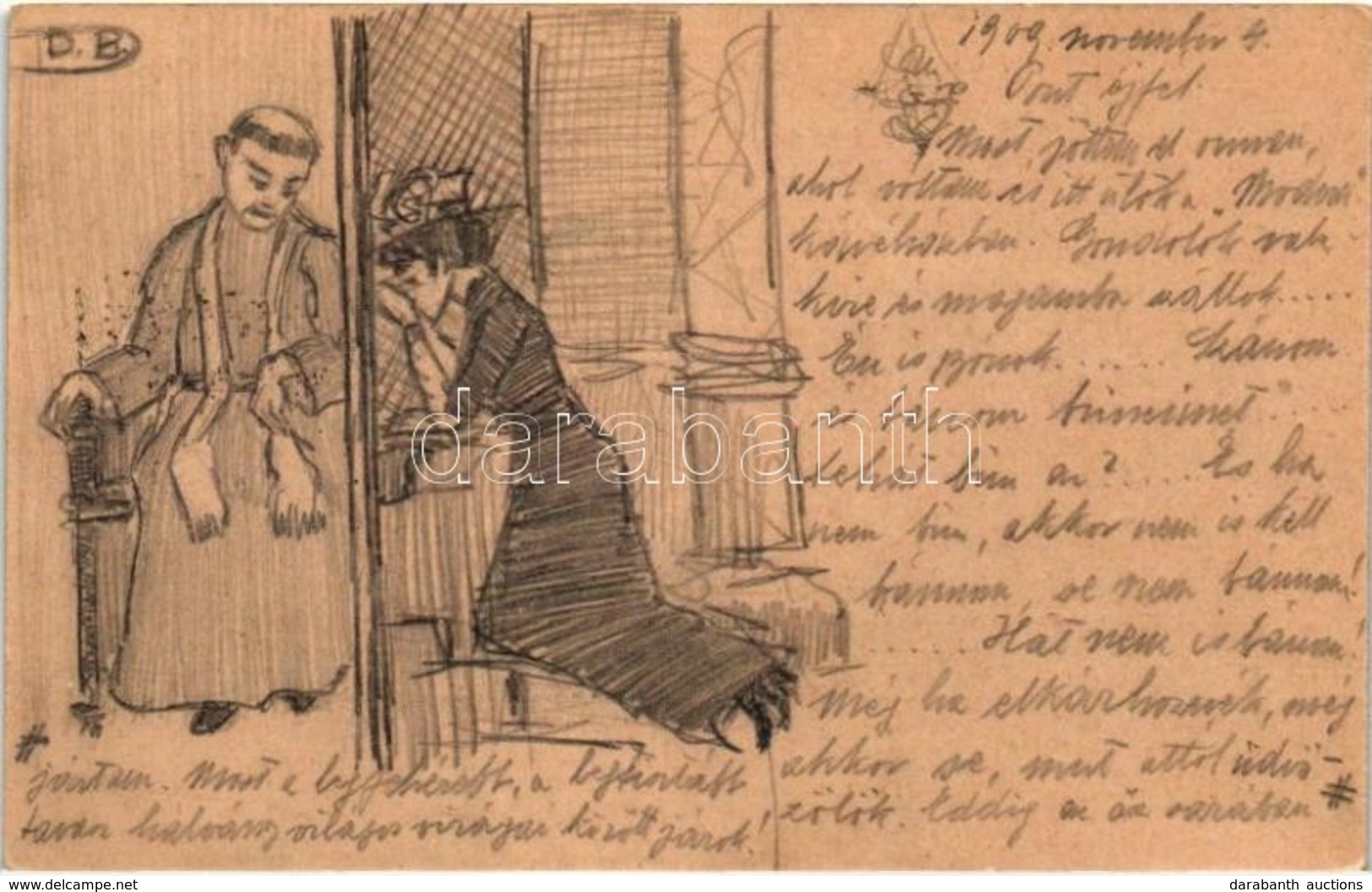 T2/T3 A Pap és A Gyónó Hölgy. Kézzel Rajzolt Grafikai Művészlap / Lady Confessing To The Priest. Hand-drawn Graphic Art  - Non Classés