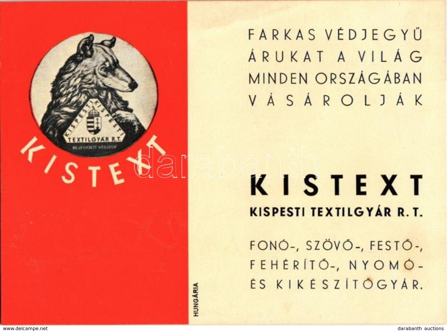 ** T2 Kistext Kispesti Textilgyár Rt. Reklámlapja. Budapest V. Sas Utca 16. / Hungarian Textile Factory Advertising (non - Non Classés