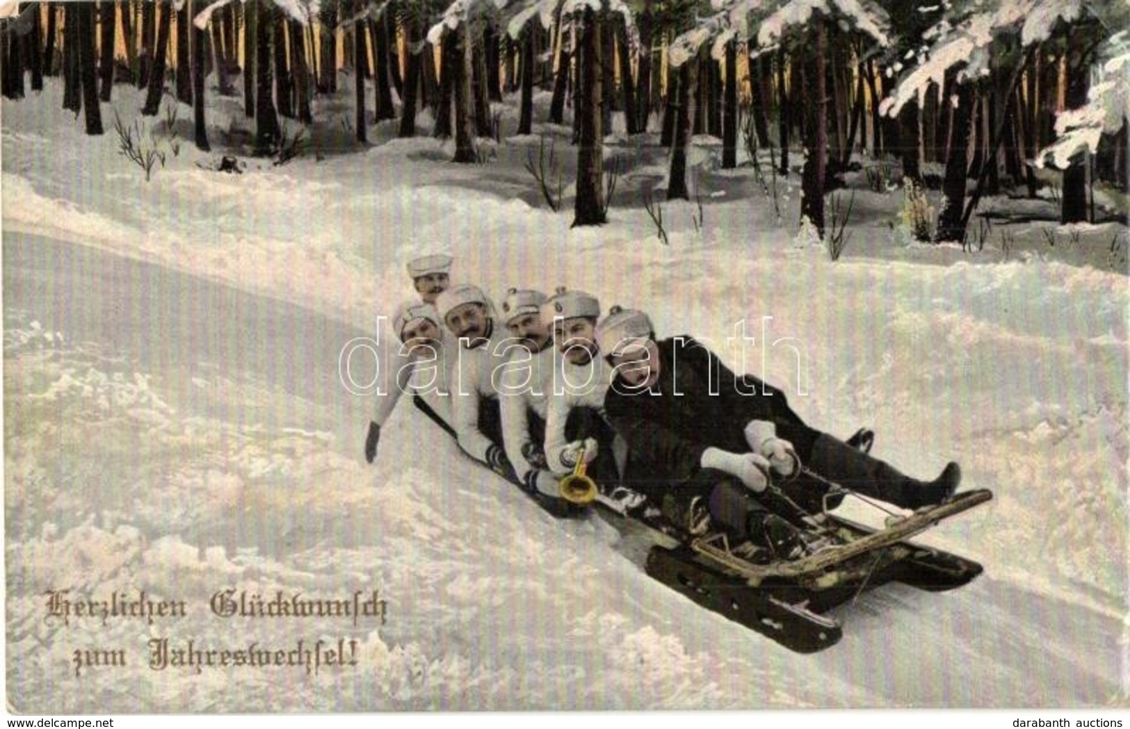 T2/T3 1910 Herzlichen Glückwunsch Zum Jahreswechsel! Bobschlitten, Wintersport / Téli Sport, 6 Személyes Bob, Szánkózók  - Unclassified