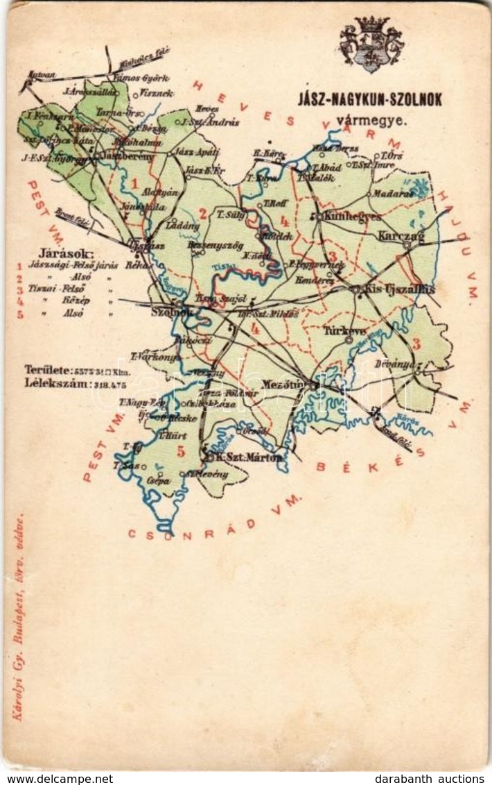 ** T3 Jász-Nagykun-Szolnok Vármegye Térképe. Kiadja Károlyi Gy. / Jász-Nagykun-Szolnok County Map (r) - Non Classés