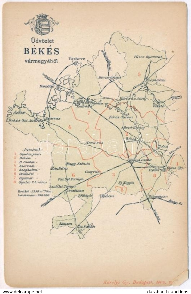 ** T4 Békés Vármegye Térképe. Kiadja Károlyi Gy. / Békés County Map (EM) - Unclassified