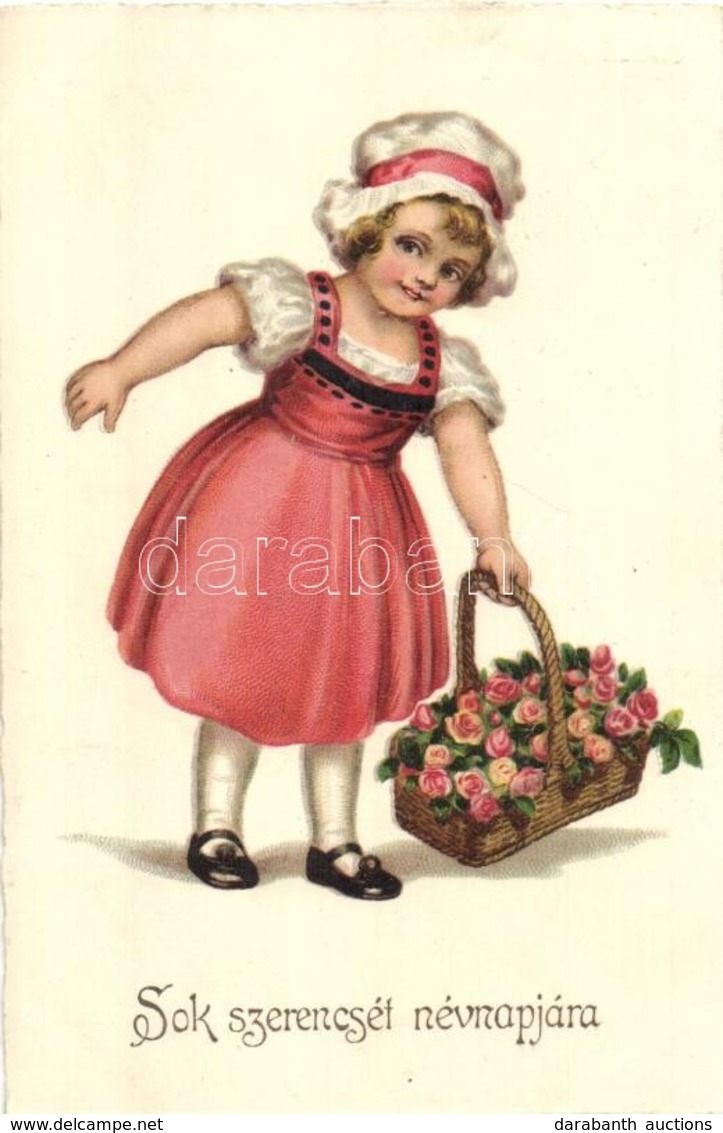 T2/T3 'Sok Szerencsét Névnapjára' / Nameday, Girl With A Basket Of Roses, E.A.S. No. 5461, Litho - Non Classés