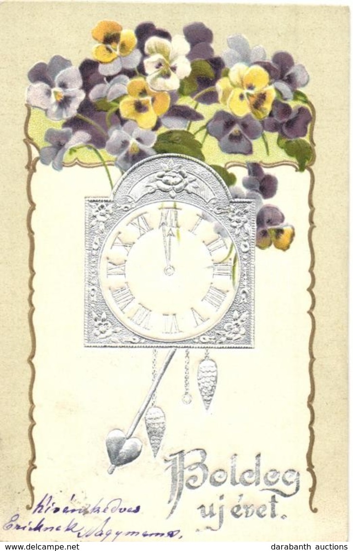 T2 Boldog újévet! / New Year Greeting Art Postcard. Silver Floral Litho - Non Classés