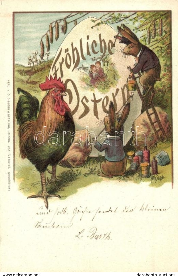 T2 Fröhliche Ostern / Easter Greeting Card With Rabbits And Rooster. O. Dibbern & Sperling 703. Litho S: Herm. Schüssler - Zonder Classificatie