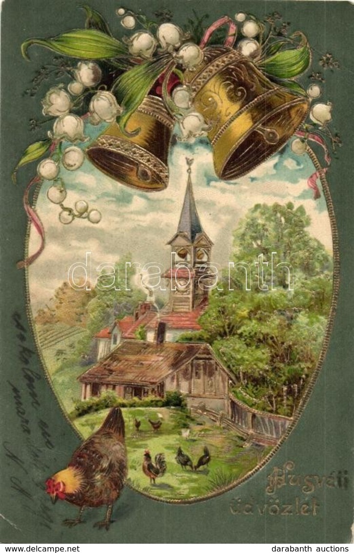 T2/T3 Húsvéti üdvözlet! / Easter Greeting Card With Chicken, Bells, Church. Emb. Golden Decorated Litho (EK) - Unclassified