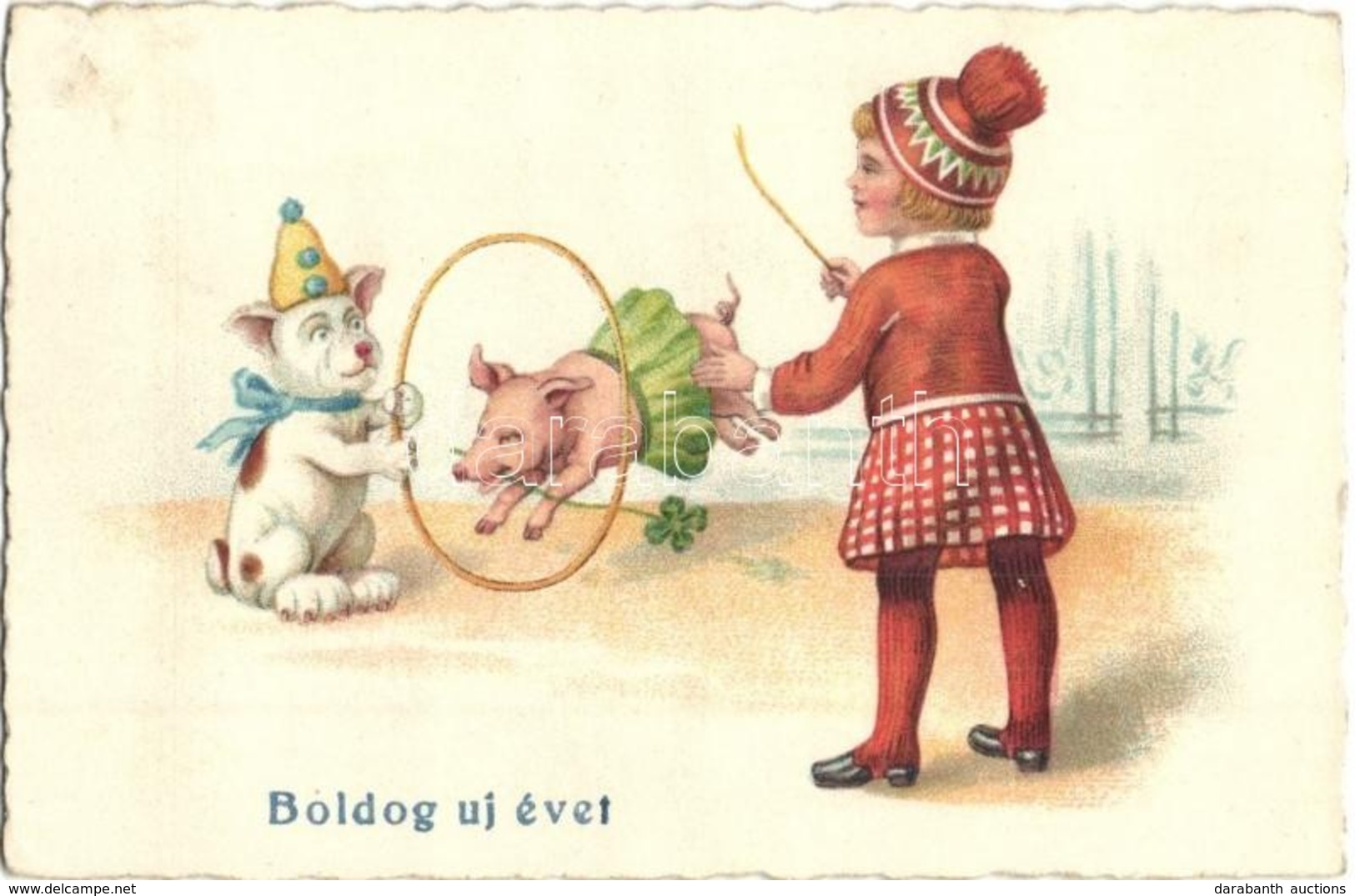 T2/T3 Boldog Újévet! / New Year Greeting Art Postcard With Circus Dog And Pig. Litho  (EK) - Unclassified