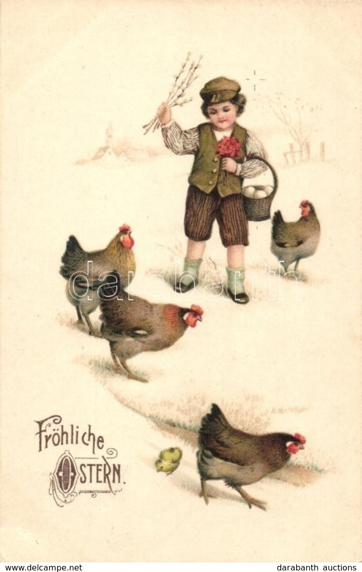 T2/T3 'Fröhliche Ostern' / Easter, Child With Chicken, Litho (EK) - Zonder Classificatie