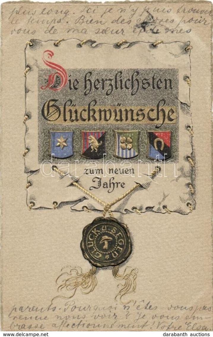 T2 'Die Herzlichsten Glückwünsche Zum Neuen Jahre' / New Year, Humorous Coat Of Arms With Pig, Clover, Horseshoe, Emb.,  - Unclassified