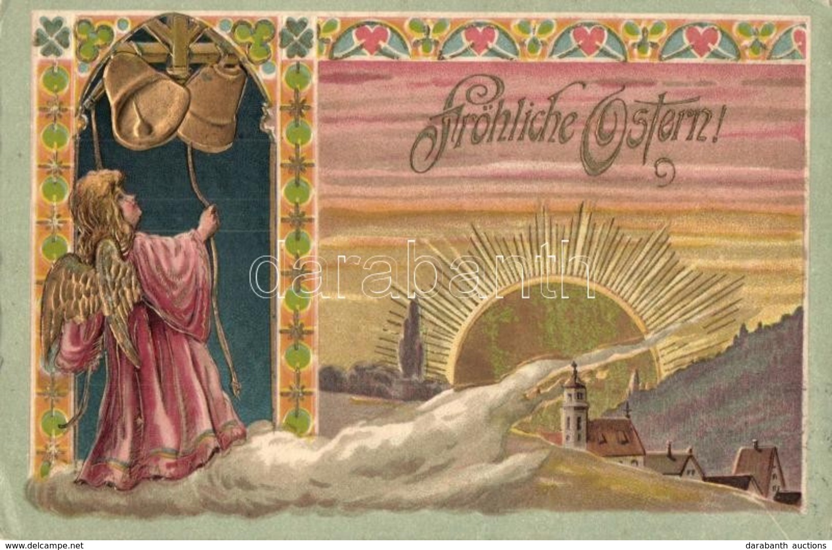 * T2/T3 Fröhliche Ostern! / Easter Greeting Art Postcard, Angel With Bells. Golden Art Nouveau Emb. Litho (Rb) - Non Classés