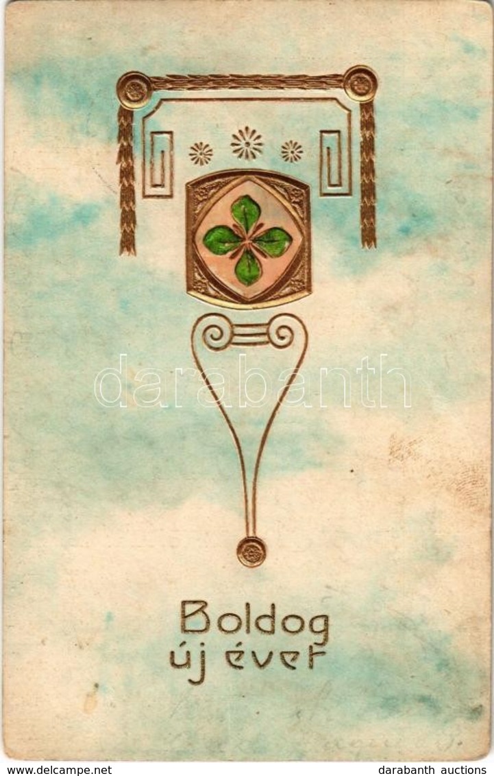 T2/T3 1908 Boldog Újévet! / New Year Greeting Card With Golden Decorated Clover. Emb. Litho (fl) - Unclassified