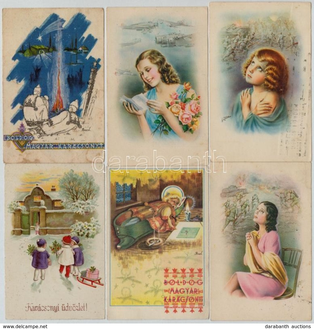 ** * 47 Db üdvözlő Képeslap 1930, 40 és 50-es évekből; Katonai és Karácsony / 47 Greeting Art Postcards From 30's, 40's, - Unclassified