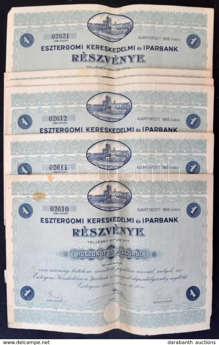 Esztergom 1932. 'Esztergomi Kereskedelmi és Iparbank' Részvénye Teljesen Befizetett 25P-ről, Szárazpecséttel és Szelvény - Zonder Classificatie