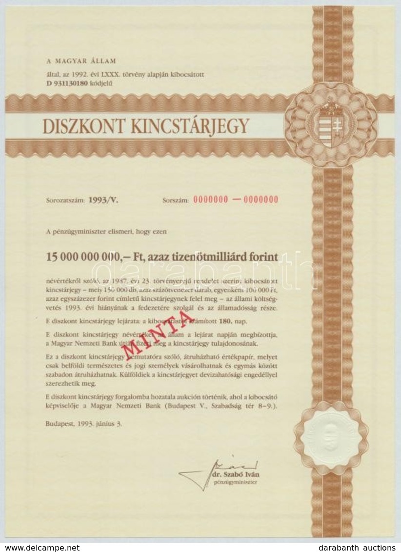 Budapest 1993. 'Diszkont Kincstárjegy' Százötvenezer 100.000Ft Névértékű Kincstárjegy Egyben, összesen 15.000.000.000Ft- - Non Classés