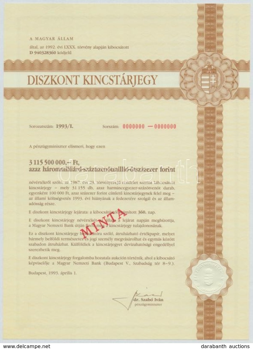 Budapest 1993. 'Diszkont Kincstárjegy' Harmincegyezer-százötven Darab 100.000Ft Névértékű Kincstárjegy Egyben, összesen  - Unclassified