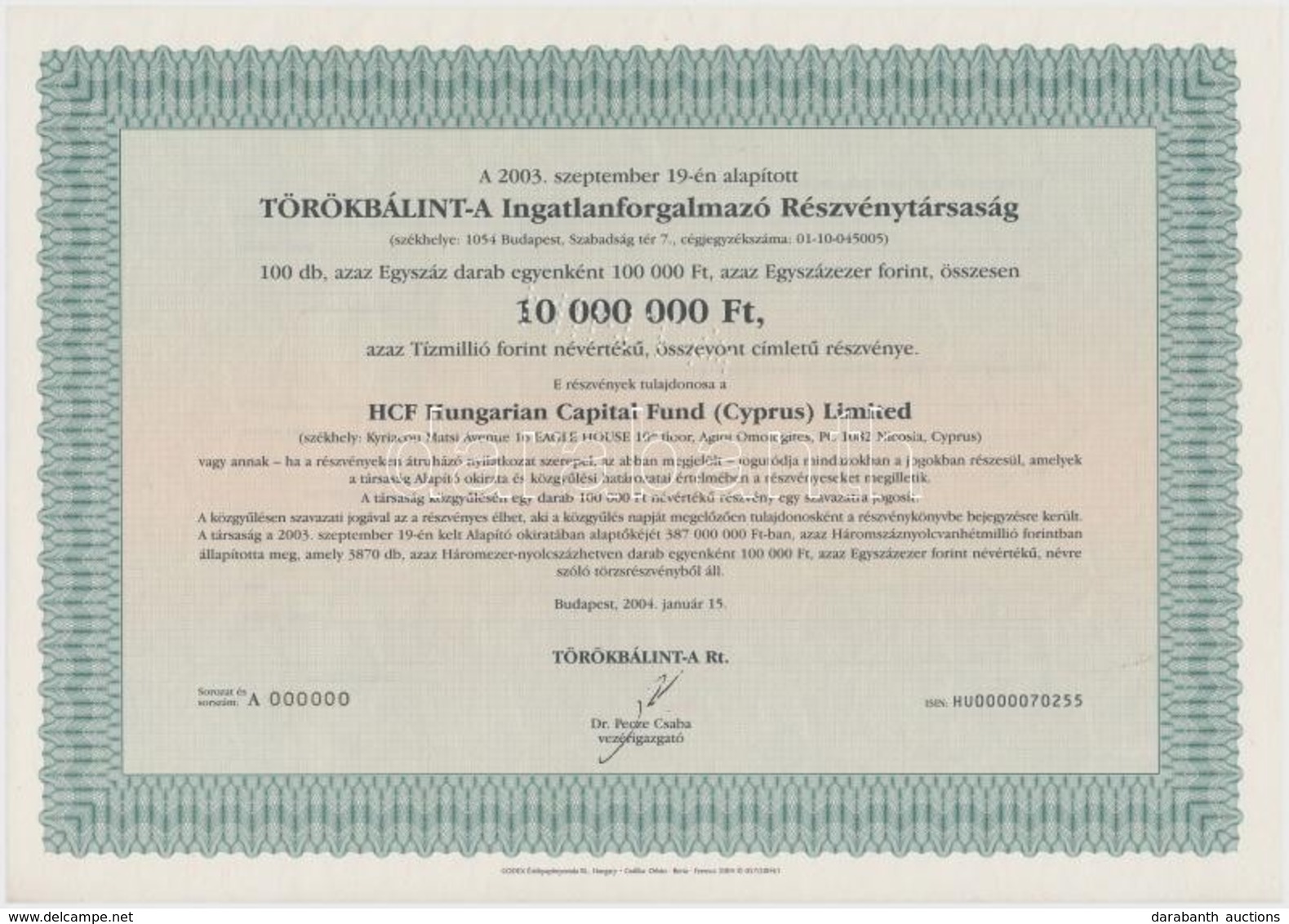 Budapest 2004. 'TÖRÖKBÁLINT-A Ingatlanforgalmazó Részvénytársaság' Névre Szóló, Száz Darab Részvénye összesen 10.000.000 - Unclassified