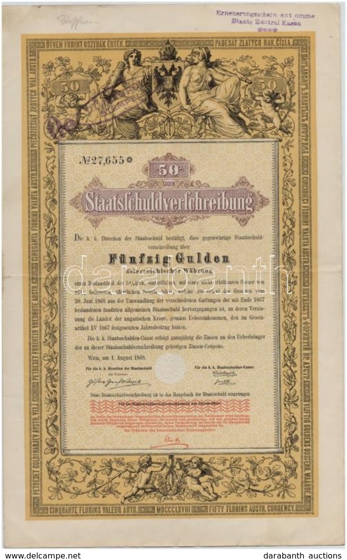 Ausztria / Bécs 1868. Államadóssági Kötvény 50G-ről, Bélyegzésekkel, Szelvényekkel T:II - Non Classés