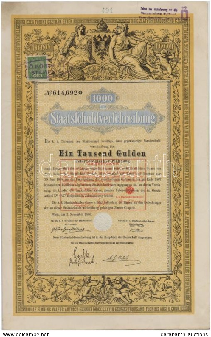 Ausztria / Bécs 1868. Államadóssági Kötvény 100G-ről, Bélyegzésekkel, Bélyeggel, Szelvényekkel T:II - Unclassified