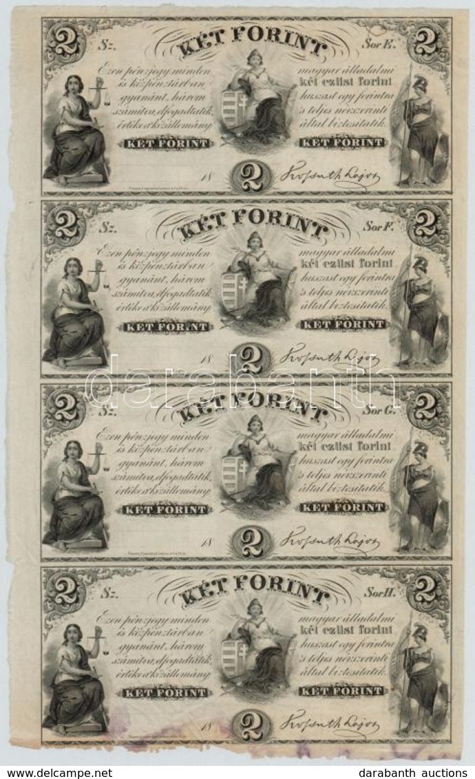 1852. 2Ft 'Kossuth Bankó' 'E', 'F', 'G' és 'H' Kitöltetlen 4-es ívben T:II,II- 
Hungary 1852. 2 Forint (E,F,G,H), Sheet  - Non Classés