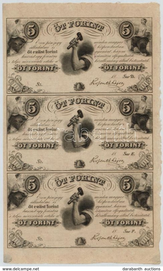 1852. 5Ft 'Kossuth Bankó' Kitöltetlen D,E,F 3-as ívben T:I,I- 
Hungary 1852. 5 Forint Sheet Of 3 (D,E,F) Without Date An - Unclassified
