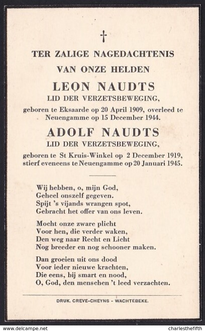 RESISTANCE - VERZET - DOODSBERICHT LEON & ADOLF NAUDTS ( Eksaarde - St Kruis Winkel ) - + CONCENTRATIEKAMP NEUENGAMME - Guerre 1939-45
