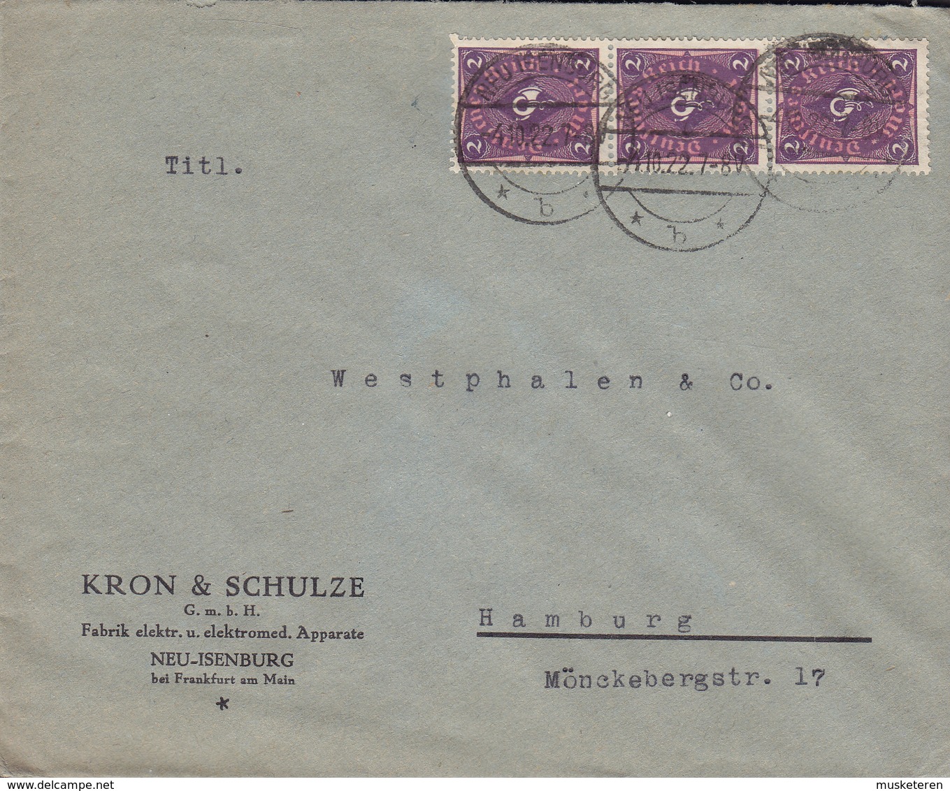 Germany Deutsches Reich KRON & SCHULZE Fabrik Elektromed. Apparate NEU-ISENBURG 1922 Cover Brief 3-Stripe 2M Posthorn - Briefe U. Dokumente