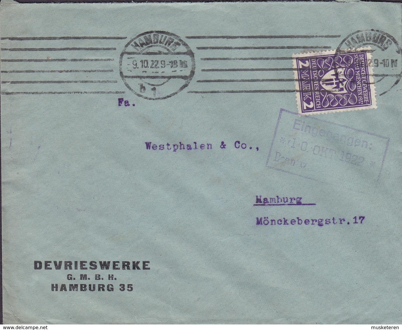 Germany Deutsches Reich DEVRIESWERKE, TMS Cds. HAMBURG 1922 Cover Brief 2M Deutsche Gewerbeschau Stamp - Briefe U. Dokumente