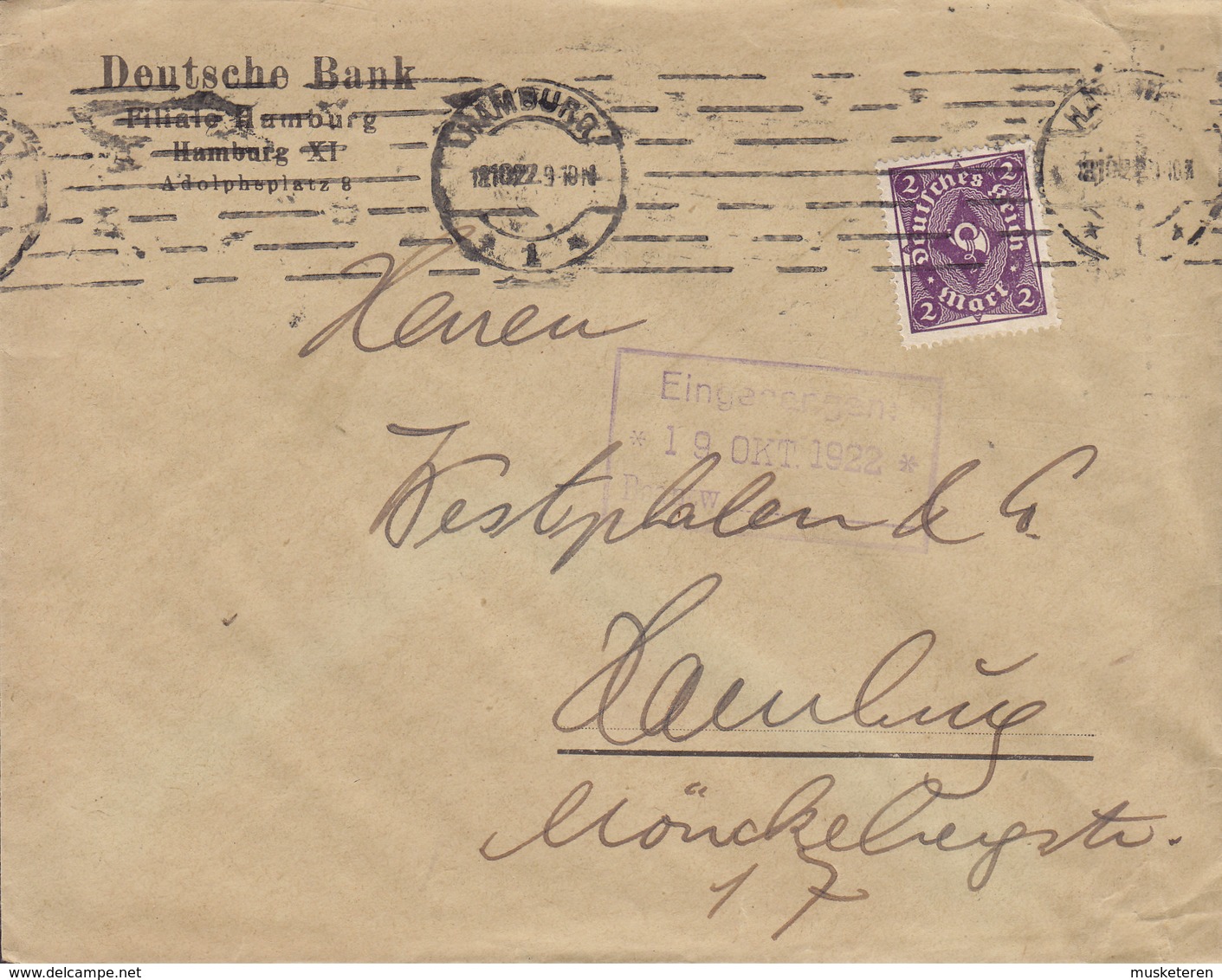 Germany Deutsches Reich DEUTSCHE BANK Filiale Hamburg TMS Cds. HAMBURG 1922 Cover Brief 2M Posthorn Stamp - Briefe U. Dokumente