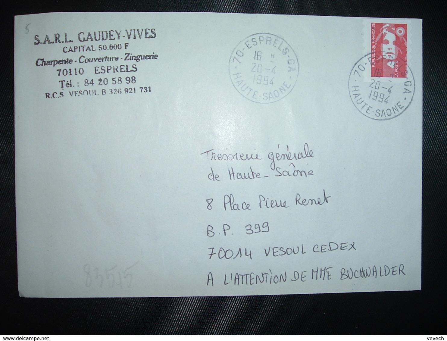 LETTRE TP M. DE BRIAT TVP ROUGE OBL.20-4 1994 70 ESPRELS GA HAUTE SAONE (GUICHET ANNEXE) - Cachets Manuels