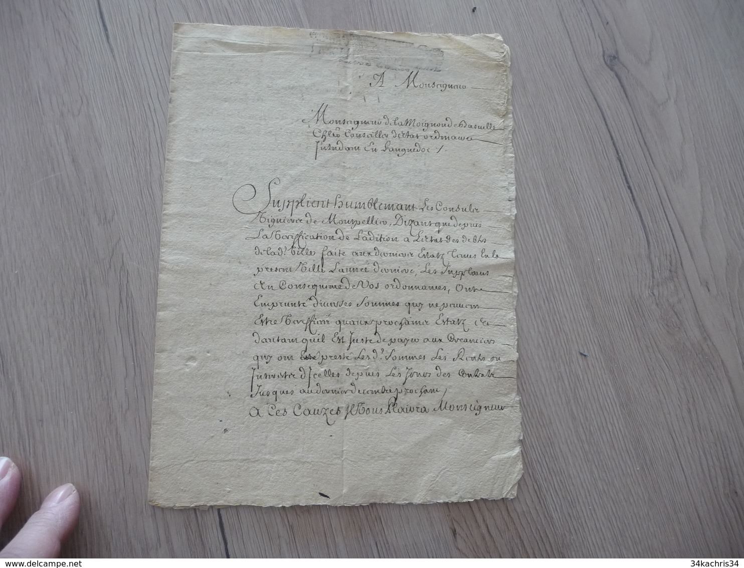 Montpellier 12/04/1704 Requête Signée Demonbigny à Mr De La Moignond De Basuelle Impositions - Manuscrits