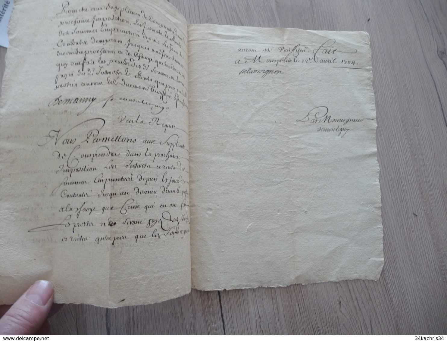 Montpellier 12/04/1704 Requête Signée Demonbigny à Mr De La Moignond De Basuelle Impositions - Manuscripts