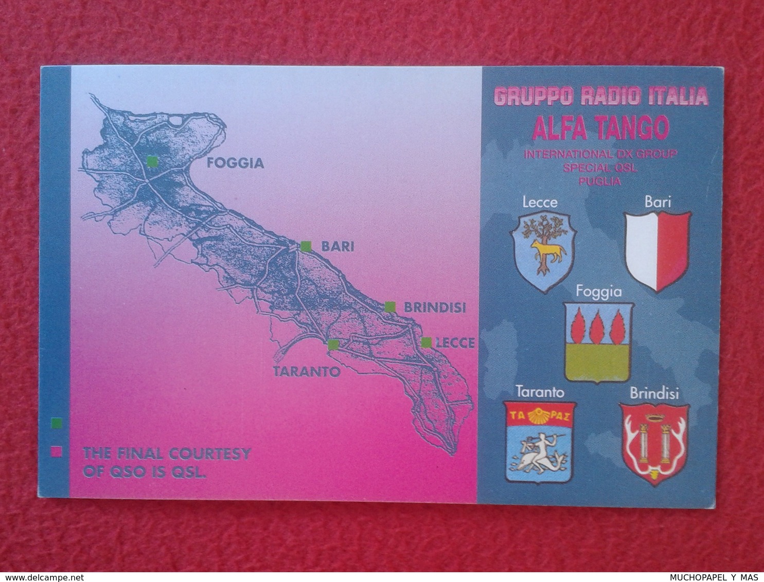 POSTAL TYPE POST CARD QSL RADIOAFICIONADOS RADIO AMATEUR GRUPPO ITALIA ALFA TANGO PUGLIA LECCE BARI FOGGIA BRINDISI..... - Otros & Sin Clasificación