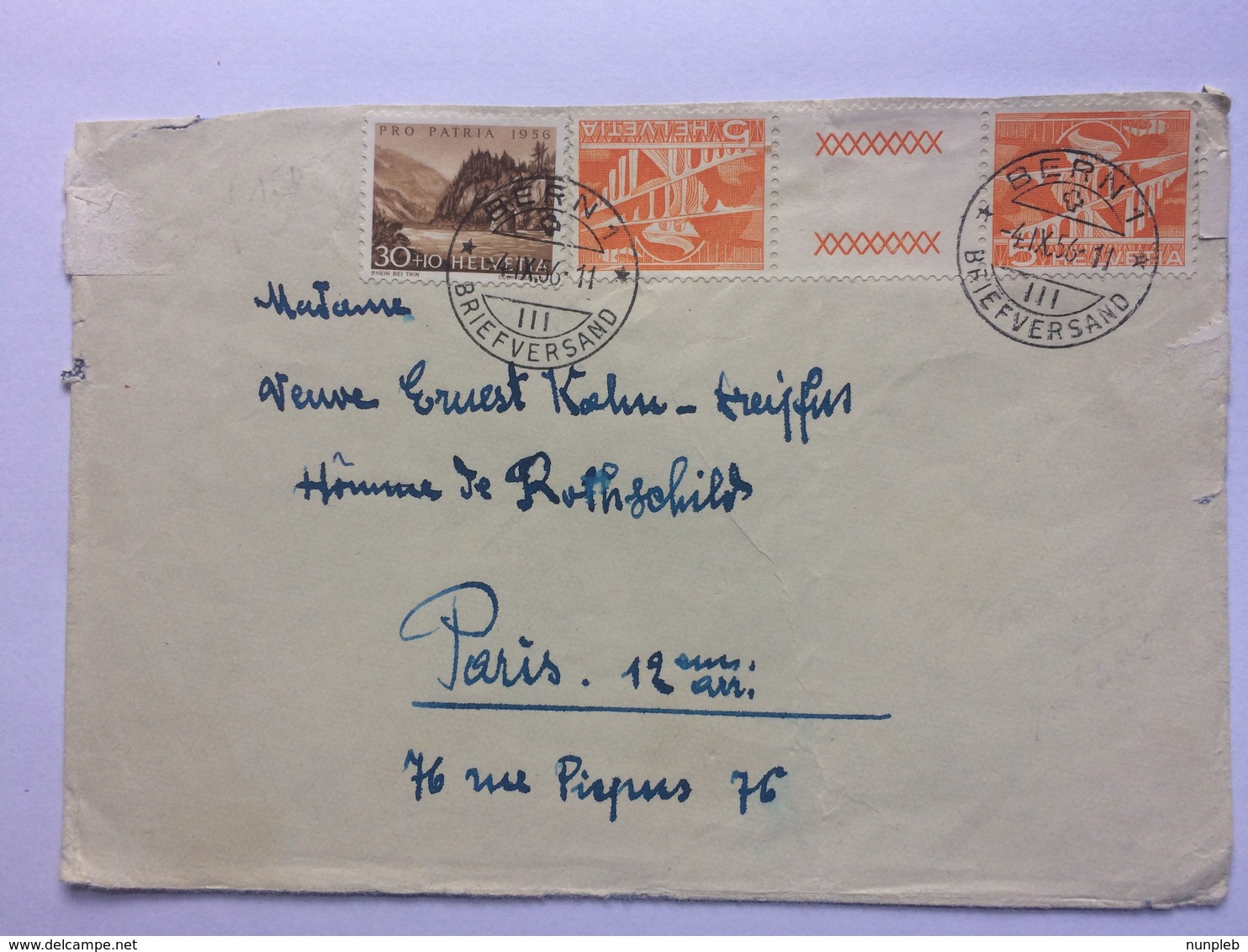 SWITZERLAND 1956 Cover Bern To Paris Tied With 1949 Landscape Tete Beche And Pro Patria 1956 - Covers & Documents