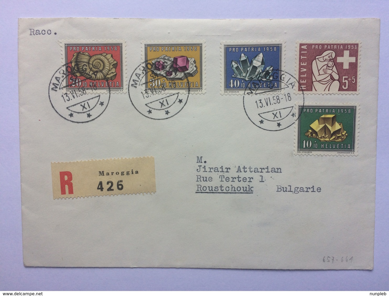 SWITZERLAND 1958 Cover Tied With Pro Patria 1958 Set Registered Maroggia To Roustchouk Bulgaria - Covers & Documents