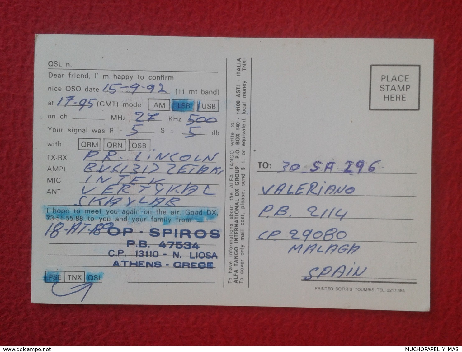 POSTAL TYPE POST CARD QSL RADIOAFICIONADOS RADIO AMATEUR GRUPPO ALFA TANGO ITALIA DIVISION GREECE GRECIA HELLAS FLAG VER - Otros & Sin Clasificación