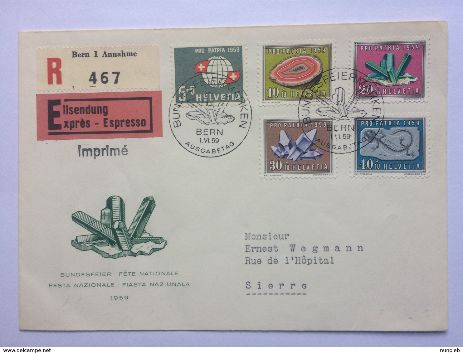 SWITZERLAND 1959 Pro Patria FDC Registered Bern Express To Sierre - Covers & Documents