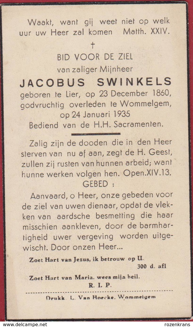 Jacobus Swinkels Lier Wommelgem 1935 Doodsprentje Bidprentje Image Mortuaire - Images Religieuses