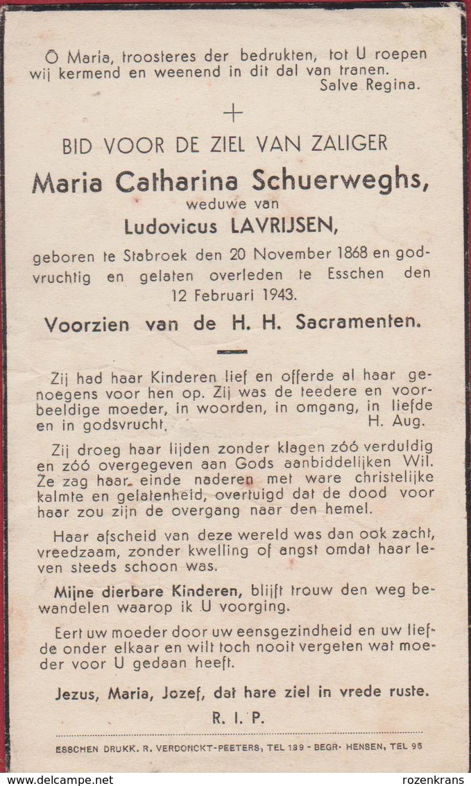 Maria Schuerweghs Ludovicus Lavrijsen Stabroek Essen Esschen 1943 Doodsprentje Bidprentje Image Mortuaire - Devotion Images