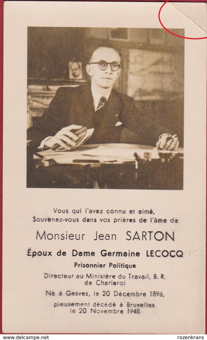 Jean Sarton Lecocq Prisonnier Politique Gesves WW2 WWII World War 2 Charleroi Doodsprentje Bidprentje Image Mortuaire - Imágenes Religiosas