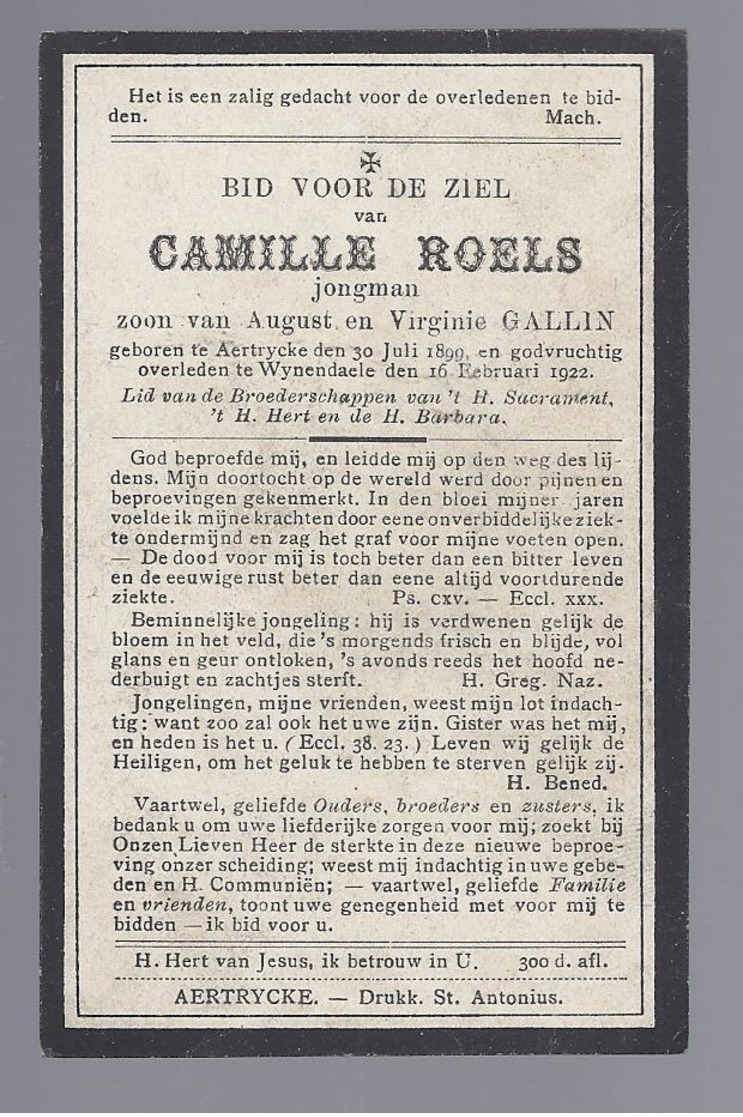 DOODSPRENTJE ROELS JONGMAN GALLIN ° AERTRYCKE AARTRIJKE 1899 + WYNENDAELE WIJNENDALE 1922 - Images Religieuses