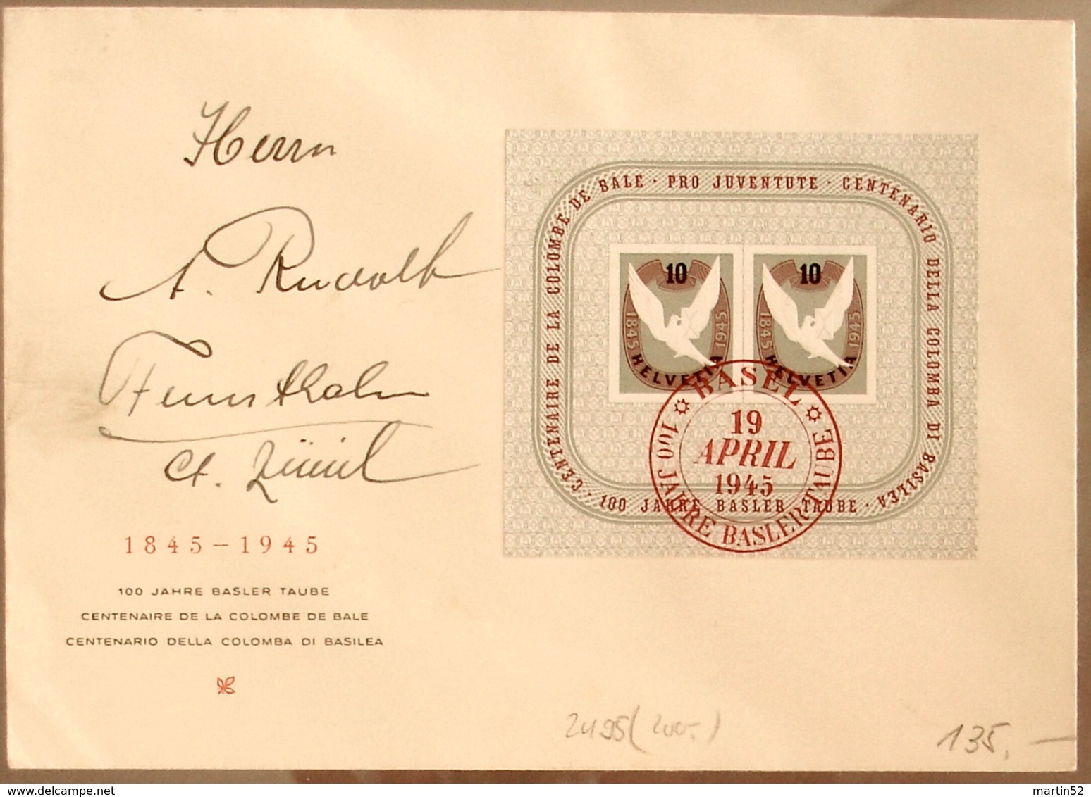 Schweiz Suisse 1945: Basler Taube Zu WIII23 Mi Block 12 Yv BF 12 Brief Mit O BASEL 19 APRIL 1945 (Zu CHF 160.00) - Lettres & Documents