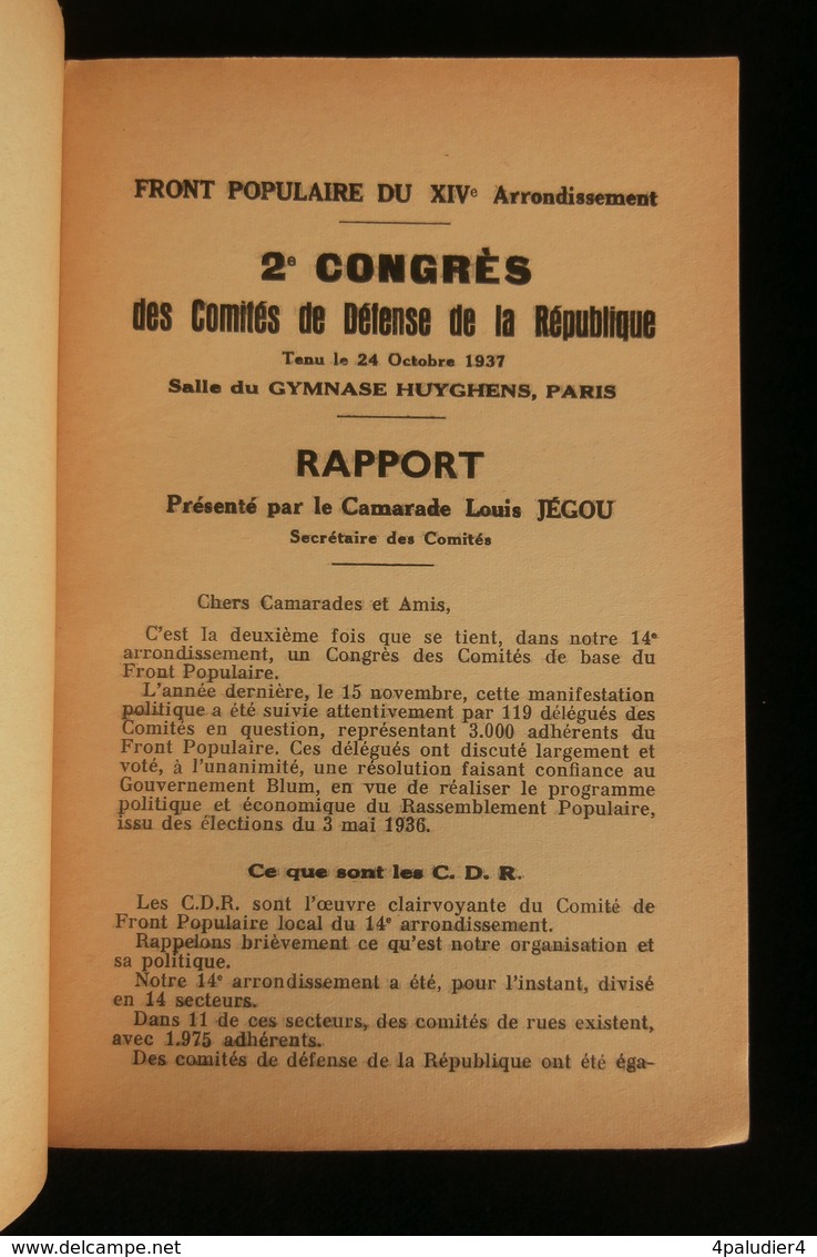 ( Juin 1936 Léon Blum Socialisme Paris XIV ) COMITES DE DEFENSE DE LA REPUBLIQUE Leur Action Leur Politique Louis JEGOU - Paris