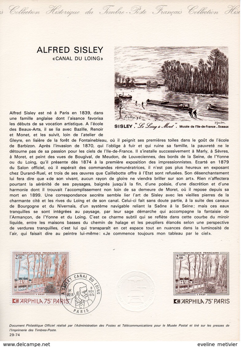 HISTORIQUE DU TIMBRE ARPHILA 75 PARIS 1974 A SISLEY - Documents Of Postal Services