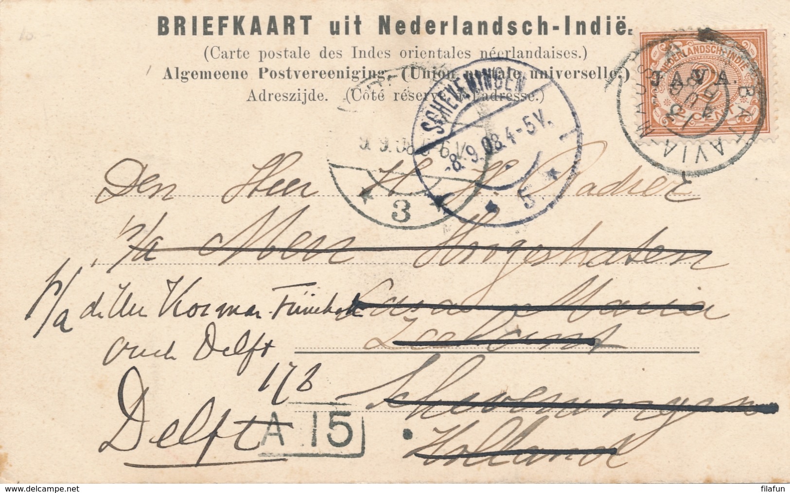 Nederlands Indië - 1908 - 2 Cent Cijfer JAVA Opdruk Op Ansicht Van Treinstempel GR BATAVIA-MAOS A Naar Scheveningen - Nederlands-Indië