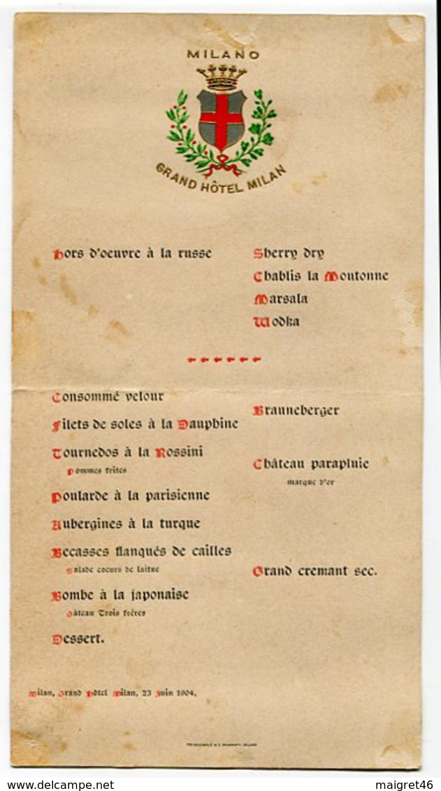 MENU GRAND HOTEL MILANO 23 GIUGNO ANNO 1904 - Menu