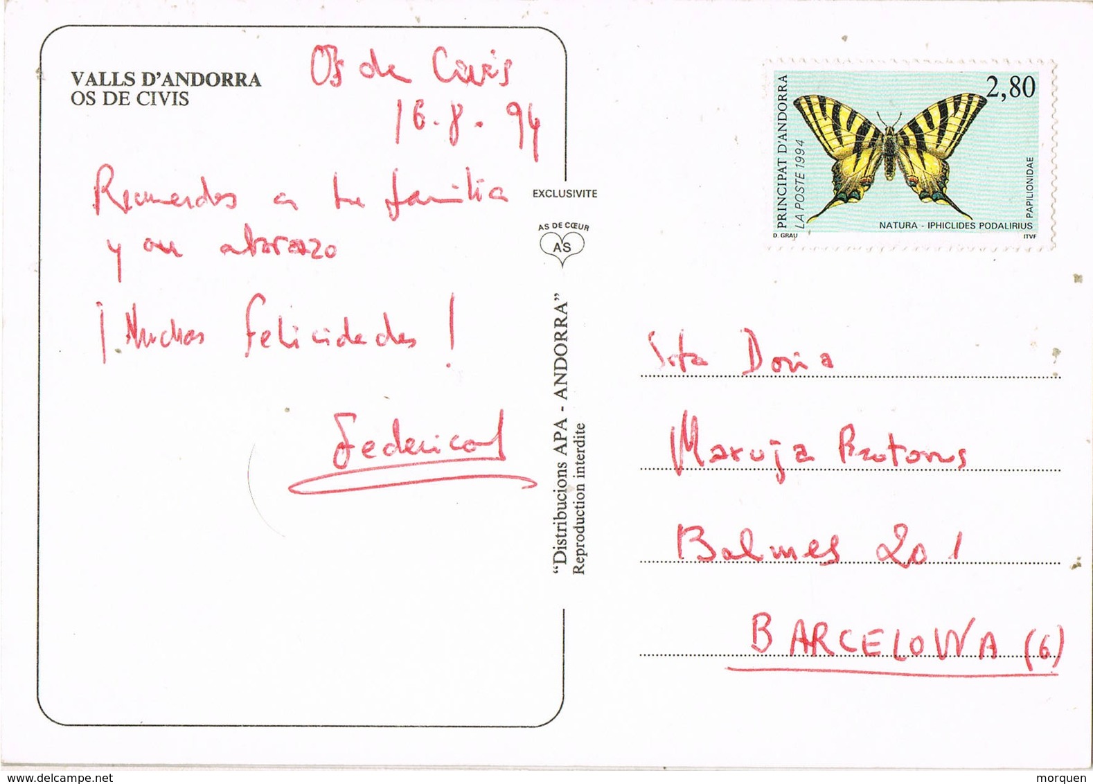 32359. Postal OS De CIVIS (Andorra Francesa) 1994. Dirigida Barcelona Franqueo Francés - Brieven En Documenten